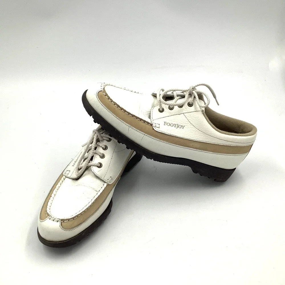 Footjoy Golf Shoes 98512 Ladies 7.5 M‎ White Tan Stripe Leather Pebble Womens
